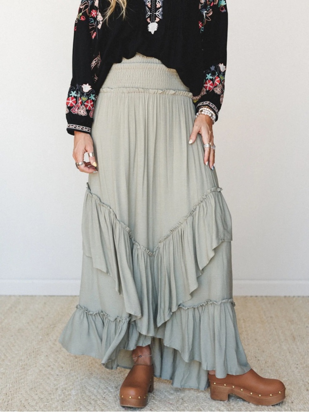 Three Bird Nest Sage Green Ruffle Tiered Maxi Skirt